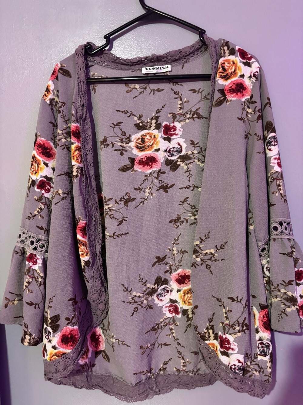 Ecowish Gray Floral Open Front Kimono with Crochet Trim and Bell Sleeves XL
